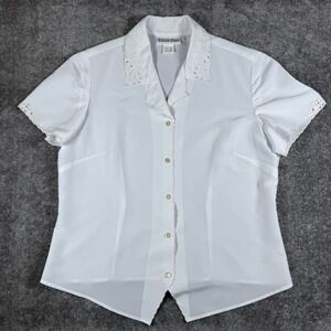 VTG Eileen Dale‎ Blouse Women's 14 White Embroidered Cut Out Short Sleeve Sheer